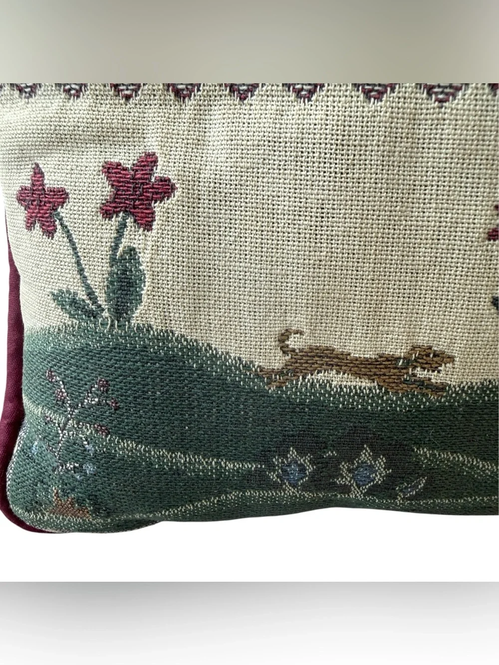 Vintage Folk Art Sampler Tapestry Pillow Cottagecore Grandmillennial Bunny Decor